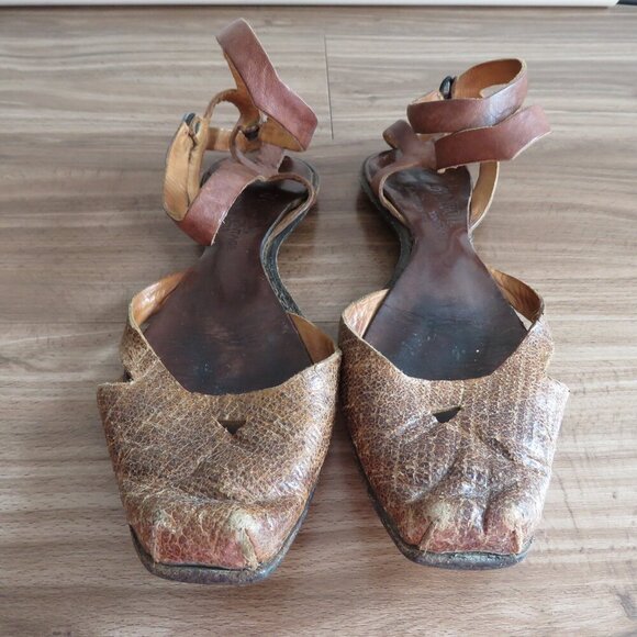 CYDWOQ VINTAGE Brown Leather Square Toe Ankle Strap Sandals Offbeat Quirky Boho - Picture 5 of 13